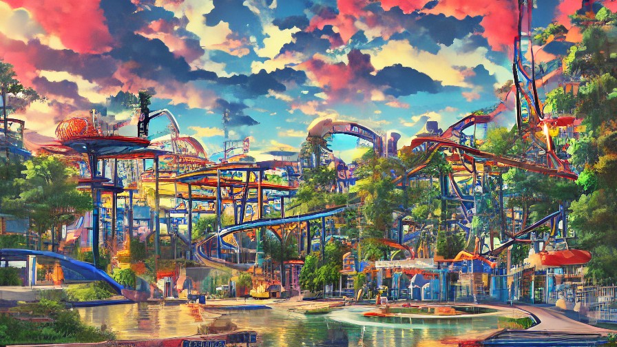 Anime-style coaster skyline inspired by Cedar Point at sunset